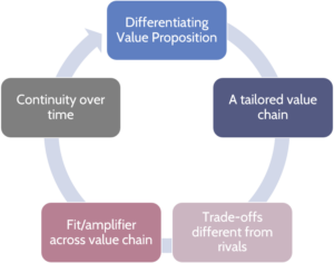 A good strategy supporting long term company profitability should pass the following 5 tests as described by Michael Porter: a differentiating value proposition, a tailored value chain, trade-offs different from rivals, fit also called amplifier across value chain and continuity over time.
