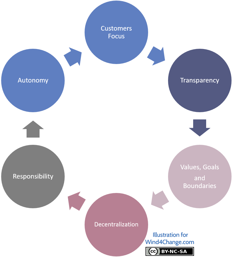 The 12 principles of Beyond Budgeting. Leadership and Delegation principles also called the Radical Decentralization, cover: Customers Focus, Transparency, Values / Goals / Boundaries, Decentralization, Responsibility and Autonomy.