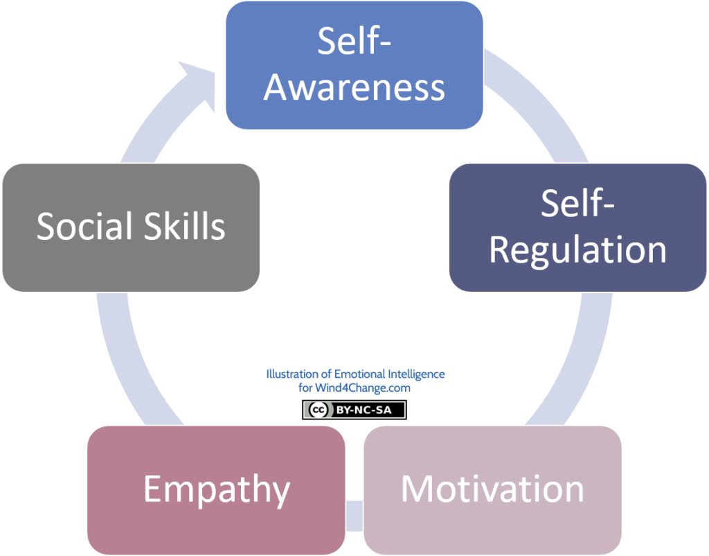 Emotional Intelligence as described by Daniel Goleman structures overs 5 competences: self-awareness, self-regulation, motivation, empathy, and social skills, aka adeptness in relationships.