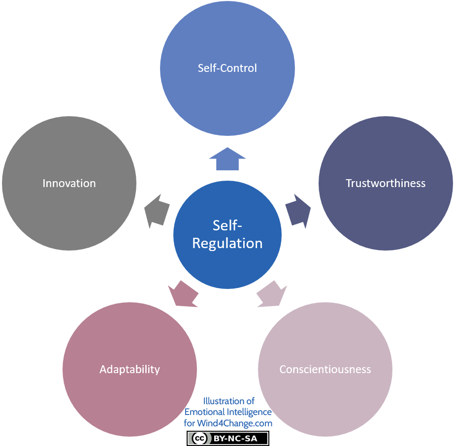 Self-Regulation, the second competence of Emotional Intelligence as described by Daniel Goleman, structures overs 5 skills: Self-Control, Trustworthiness, Conscientiousness, Adaptability and Innovation.