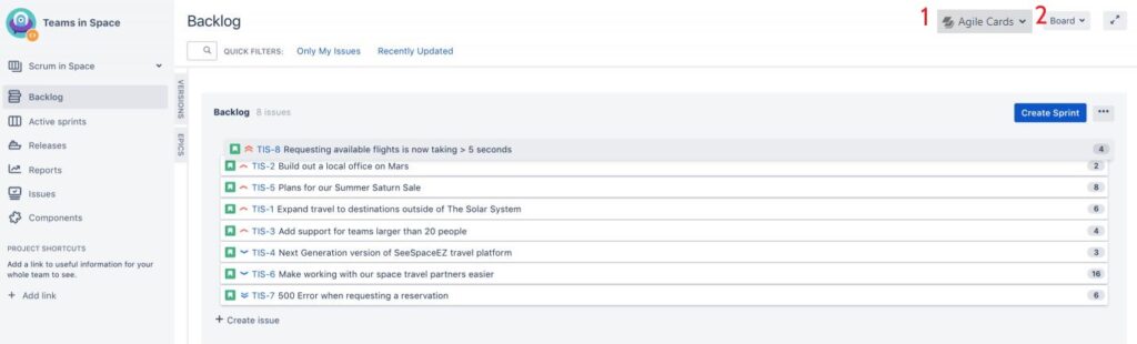 Jira Backlog with cards and board menus