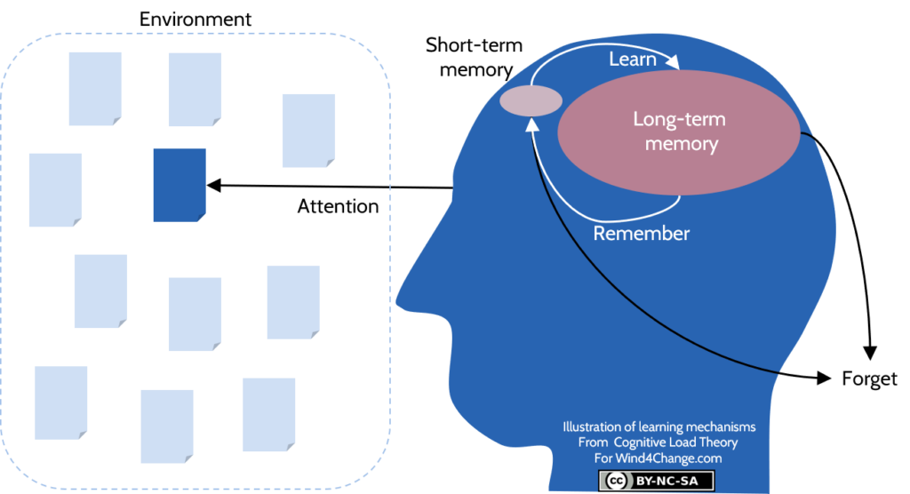 The Cognitive Load Theory is both a mental model of how the human mind works when learning and a set of training guidelines to improve teaching. The cognitive load is related to the 3 types of load. First, the intrinsic cognitive load is related to the elements that are part of the DNA of the knowledge to be learned. Second, the extraneous cognitive load comes from the way the information is presented to trainees. At last, the germane cognitive load that stands for the work to store the knowledge in the long-term memory.