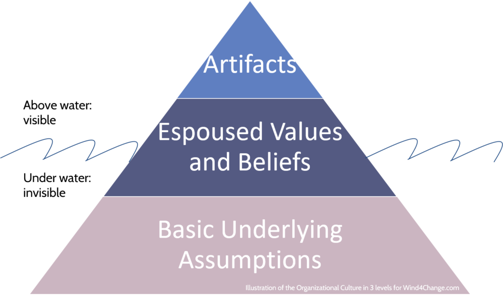 Organizational Culture can be defined in 3 levels: artifacts, the tangible part of the culture like rituals, climate and language, the espoused beliefs and values that is an intangible part but conscious and still partially observable, at last, the basic underlying assumptions that is an intangible part, unconscious and that cannot be directly observed.
