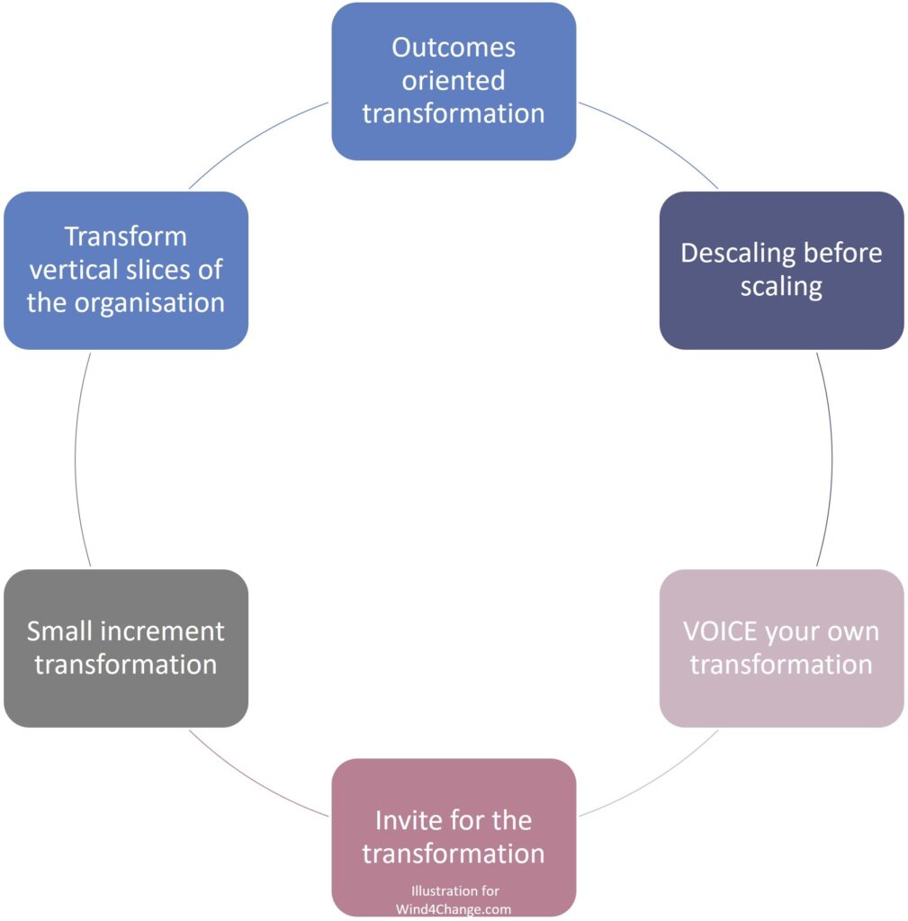 The 6 Guidelines for a successful Agile transformation are, an outcomes oriented transformation, descaling before scaling, VOICE your own transformation, invite for the transformation, small increment transformation and transform vertical slices of the organization.